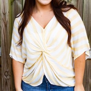 Umgee | Yellow & White Striped V-Neck Top w/ Knot